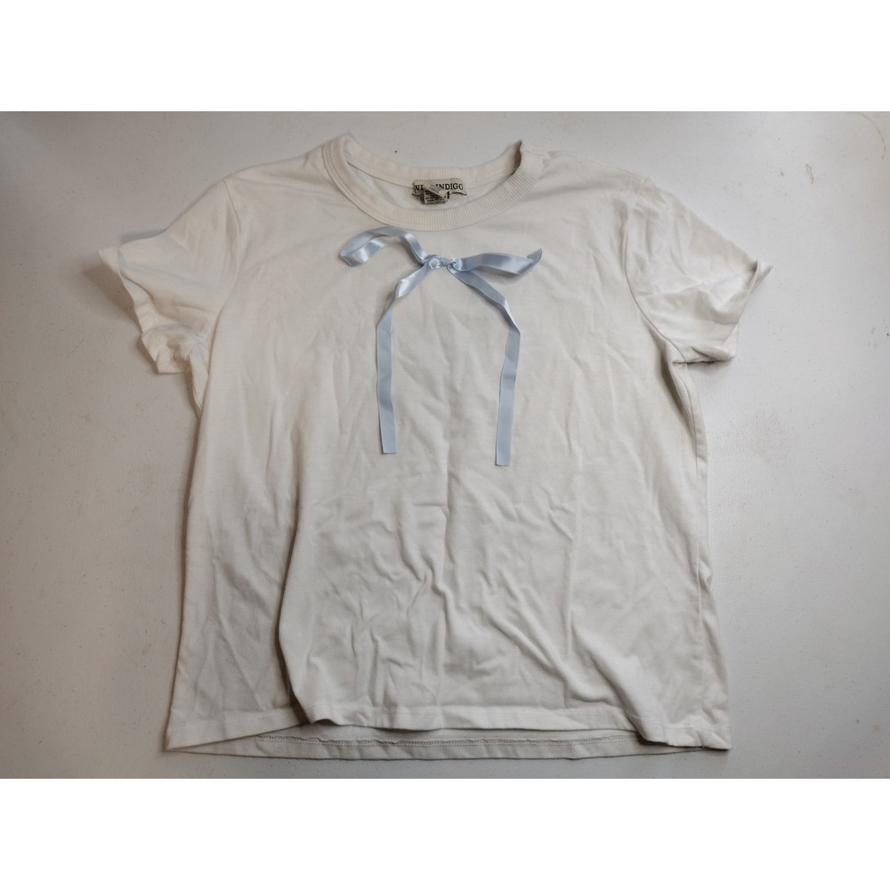 Wild Indigo Womens Cream Short Sleeve T-Shirt Light Blue Satin Bow‎ Coquette S